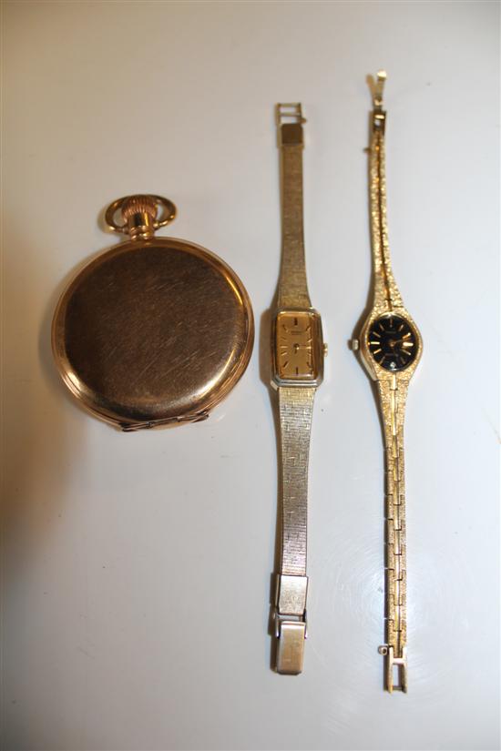 2 ladies wrist watches and a pocket watch(-)
